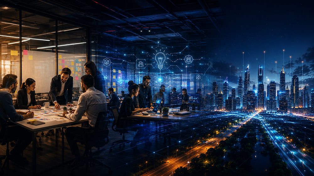 Equipe trabalhando em um escritório à noite, numa composição que se funde com o horizonte iluminado de uma cidade conectada