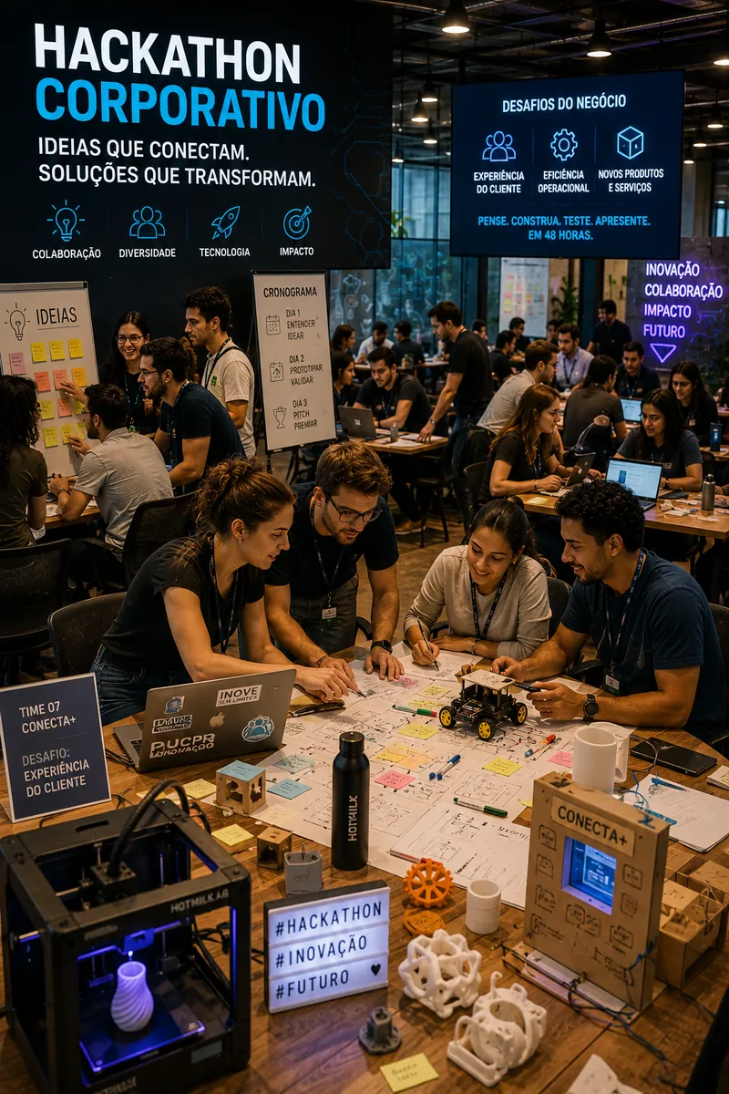 Participantes de um hackathon trabalhando em protótipos, com impressora 3D e notebooks sobre as mesas