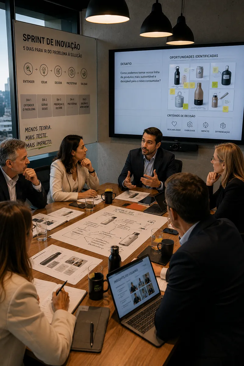 Equipe reunida em torno de uma mesa com protótipos e anotações durante uma sprint de inovação