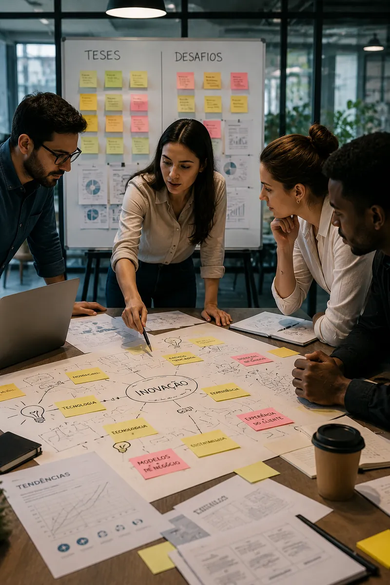 Equipe discute um mapa de inovação sobre a mesa, diante de um quadro dividido entre teses e desafios