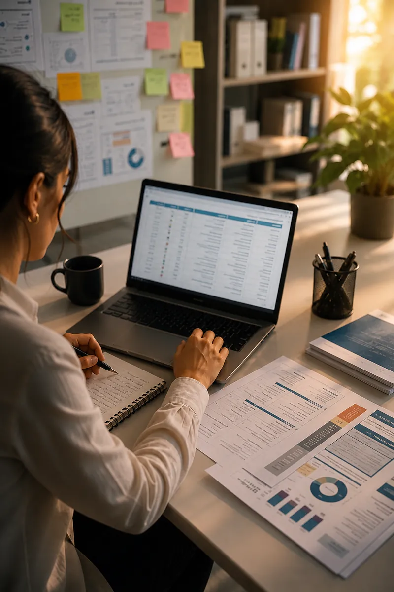 Profissional trabalha no notebook com documentos de um projeto sobre a mesa