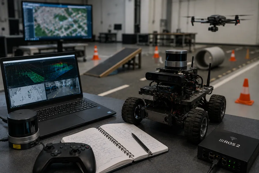 Robô móvel autônomo e drone em área de testes, com notebooks de controle