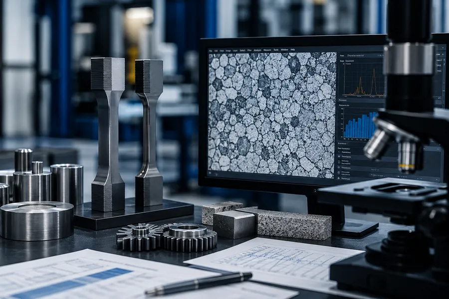 Amostras metálicas e microscópio diante de uma tela com a microestrutura de um material