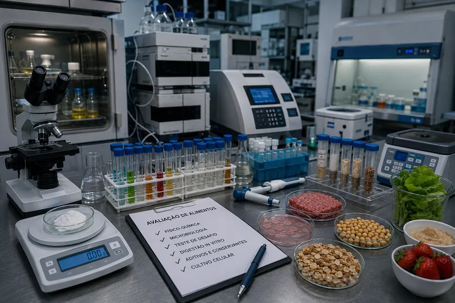 Laboratório de alimentos com amostras, balança e equipamentos de análise