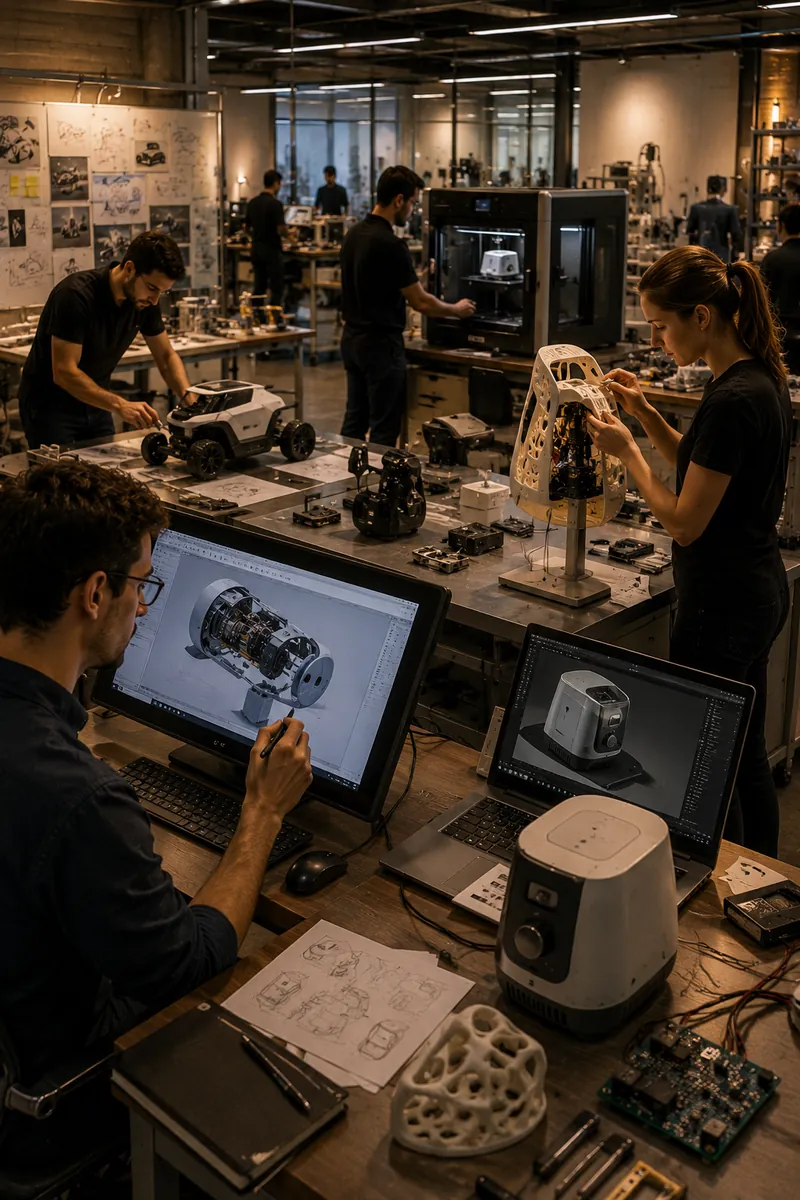 Oficina de prototipagem com impressora 3D, peças em teste e equipe trabalhando ao fundo