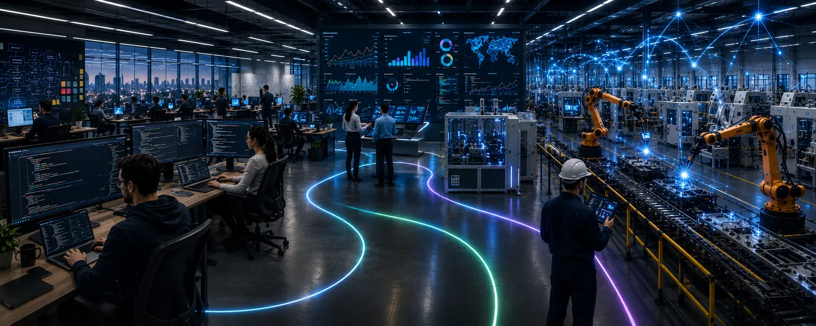 Sala de controle com equipes em estações de trabalho e, ao fundo, uma linha industrial automatizada