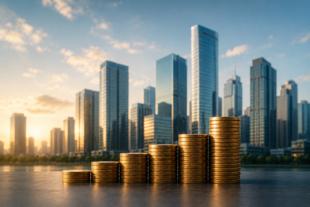 Pilhas de moedas, com uma cidade com prédios ao fundo, remetendo a crescimento e investimento