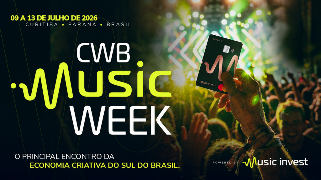 Imagem de divulgação do CWB Music Week 2026, com uma pessoa segurando um cartão de crédito em meio a plateia de um show